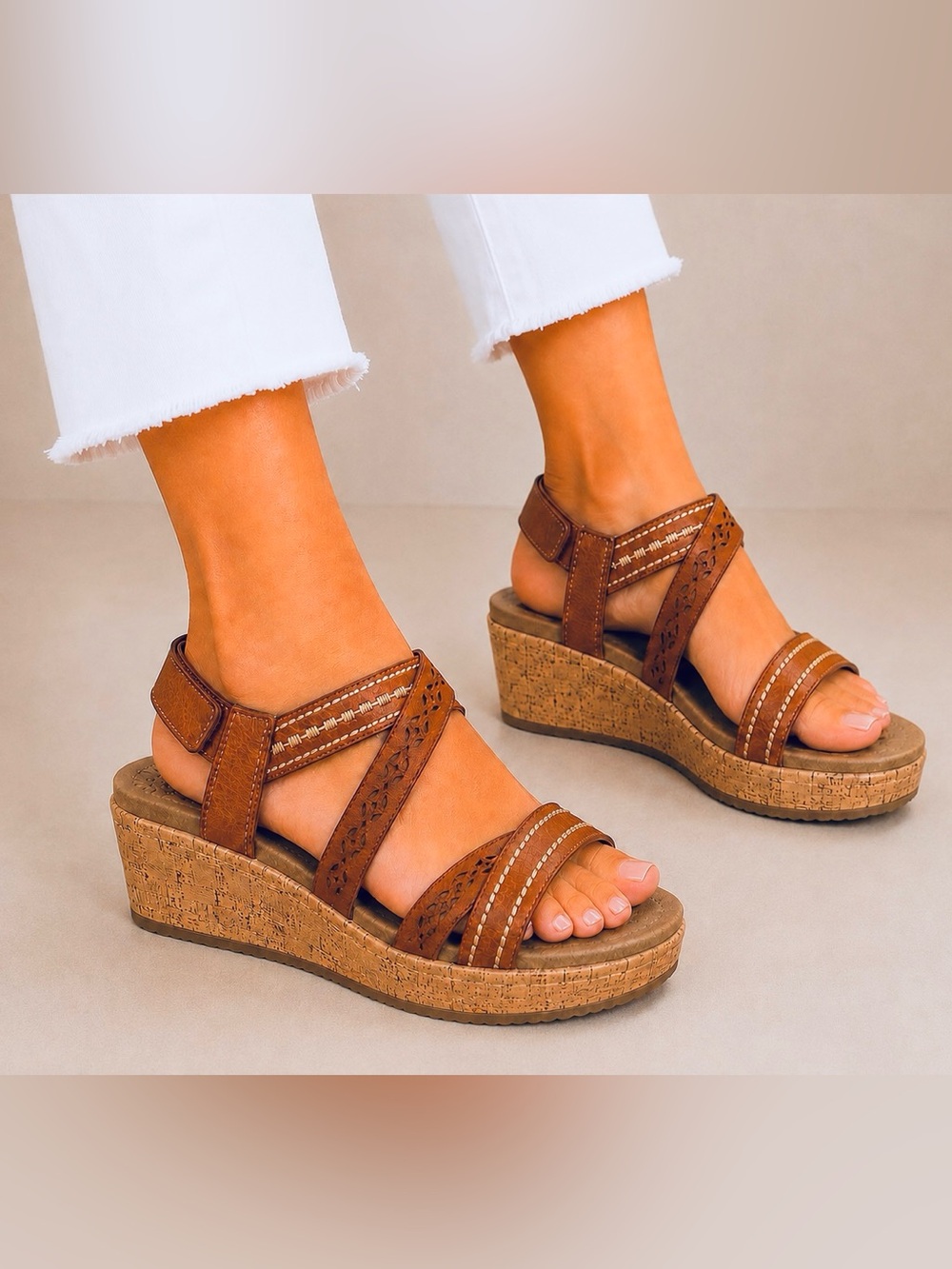 Skechers “Beverlee” Brown Cork Wedge Sandals